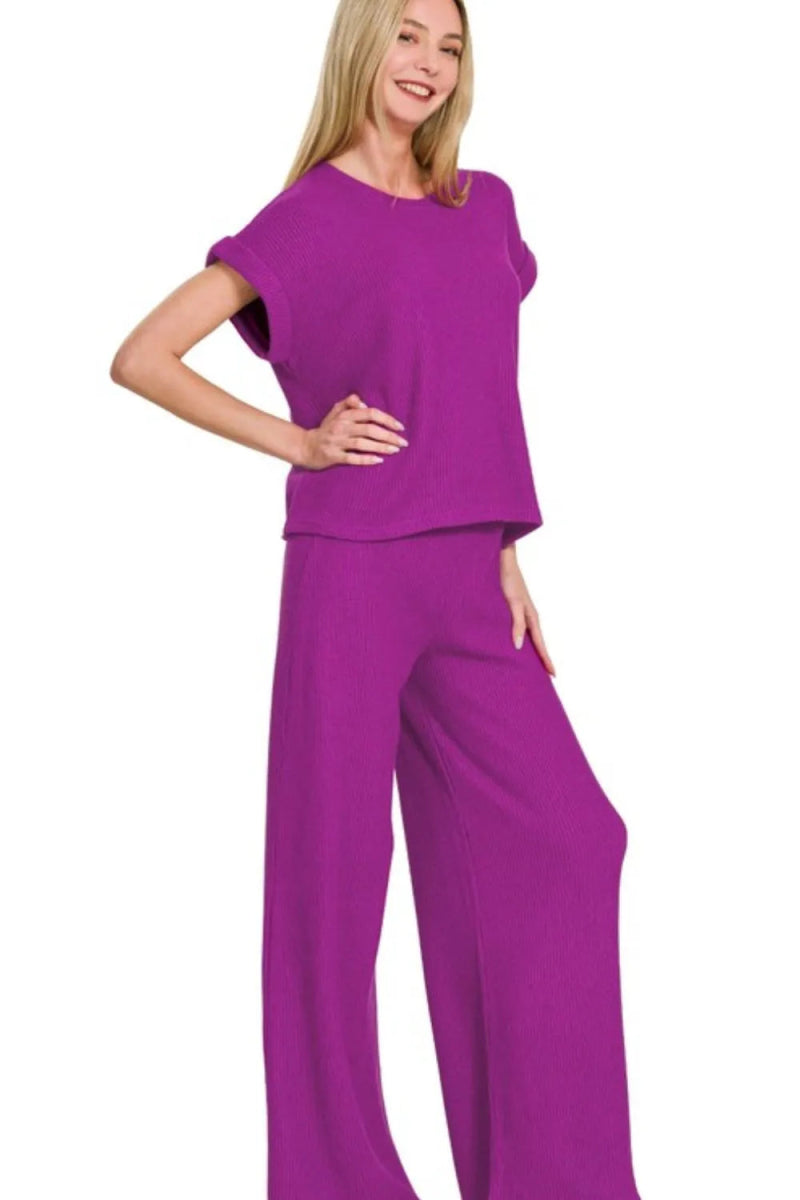 Zenana Rolled Sleeve Top and Pants Sweater Set - Love Salve