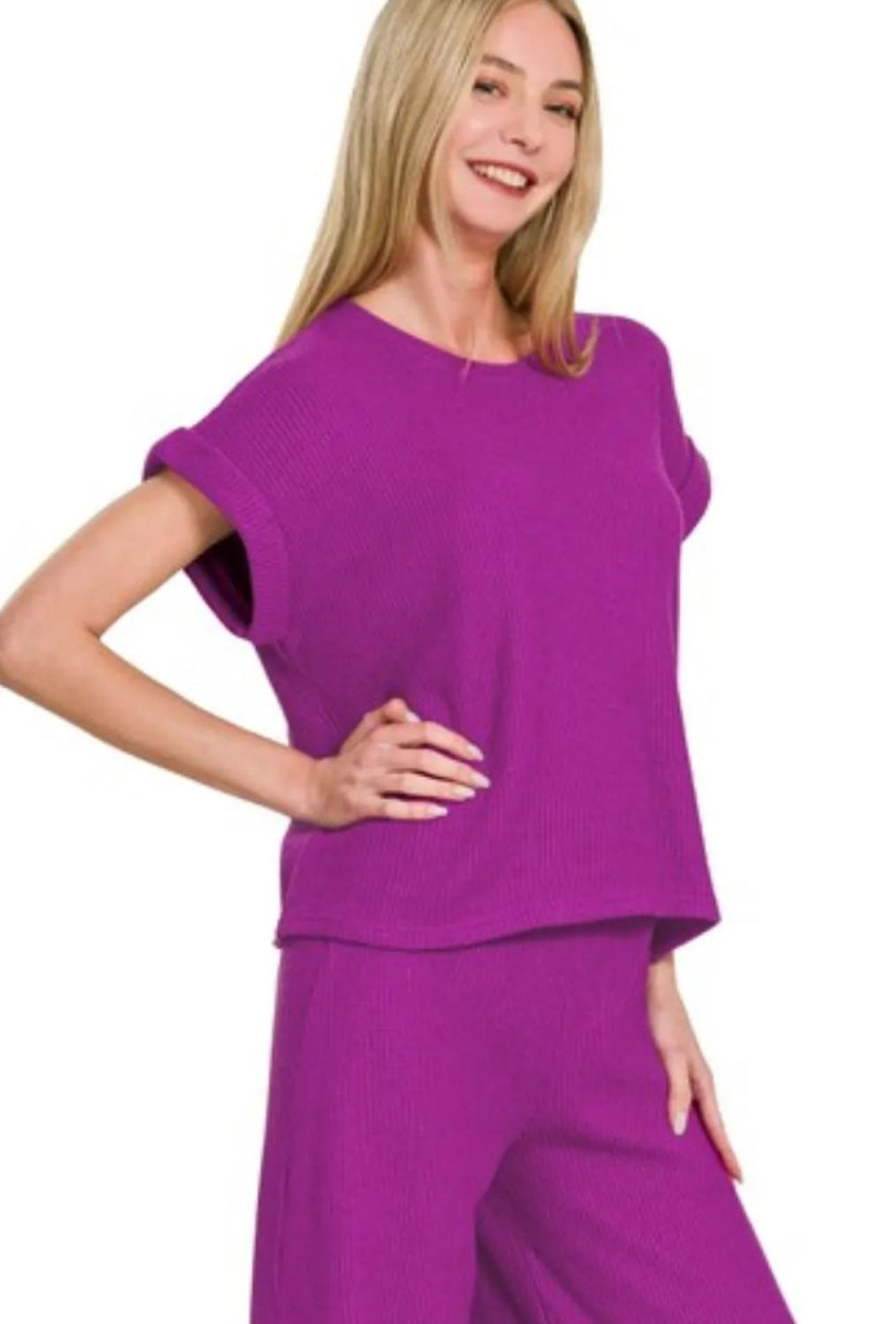 Zenana Rolled Sleeve Top and Pants Sweater Set - Love Salve
