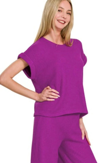 Zenana Rolled Sleeve Top and Pants Sweater Set - Love Salve