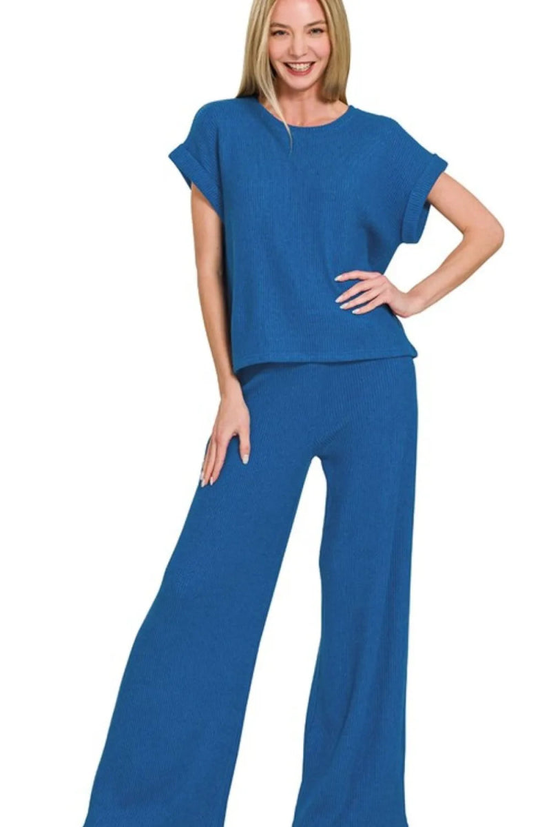 Zenana Rolled Sleeve Top and Pants Sweater Set - Love Salve