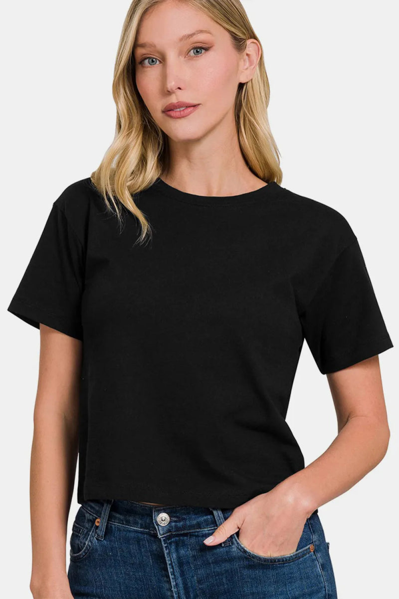 Zenana Round Neck Short Sleeve Cropped T-Shirt for Women - Love Salve 