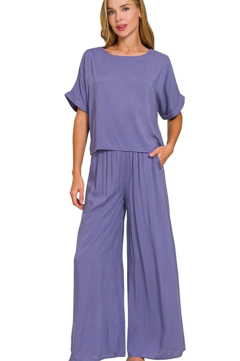 Zenana Round Neck T-Shirt and Wide Leg Pants Set - Love Salve