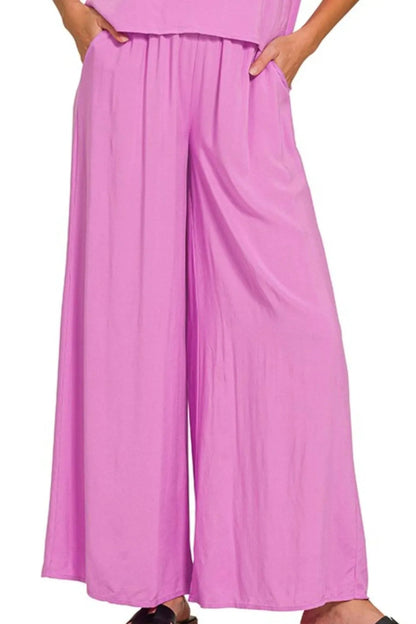 Zenana Round Neck T-Shirt and Wide Leg Pants Set - Love Salve