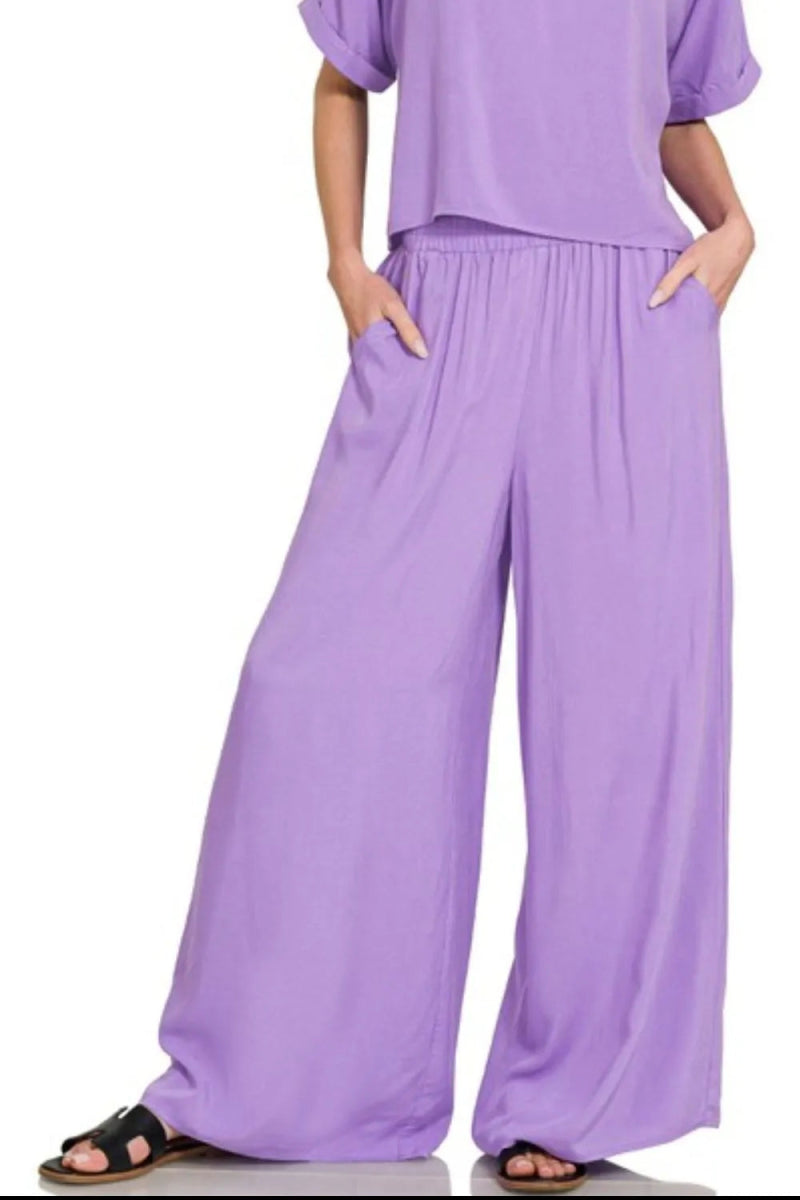 Zenana Round Neck T-Shirt and Wide Leg Pants Set - Love Salve