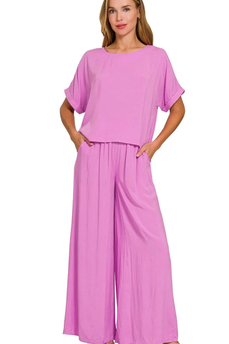 Zenana Round Neck T-Shirt and Wide Leg Pants Set - Love Salve