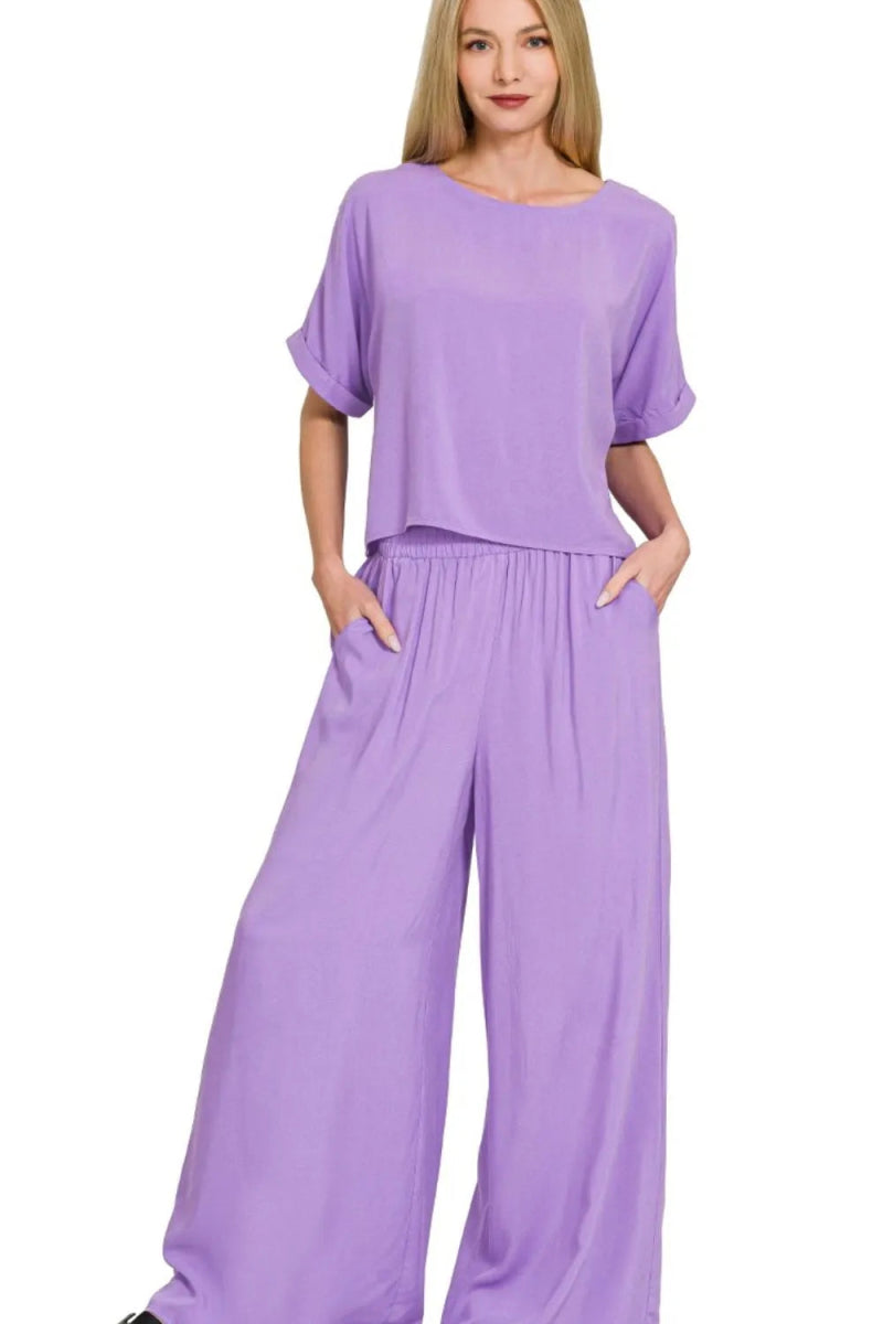 Zenana Round Neck T-Shirt and Wide Leg Pants Set - Love Salve