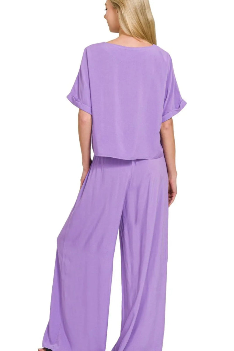 Zenana Round Neck T-Shirt and Wide Leg Pants Set - Love Salve