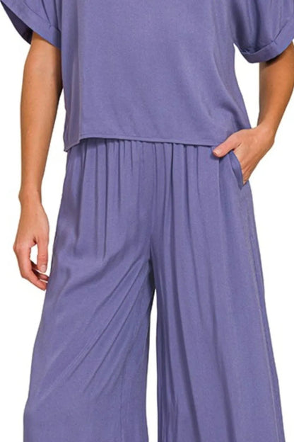 Zenana Round Neck T-Shirt and Wide Leg Pants Set - Love Salve