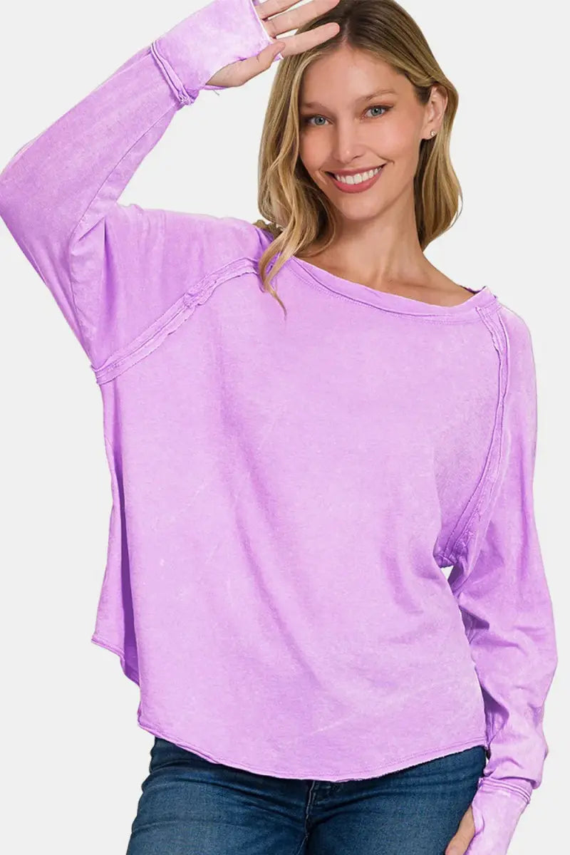 Zenana Round Neck Thumbhole Long Sleeve T-Shirt for Women - Love Salve 