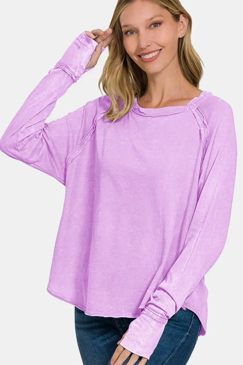 Zenana Round Neck Thumbhole Long Sleeve T-Shirt for Women - Love Salve 