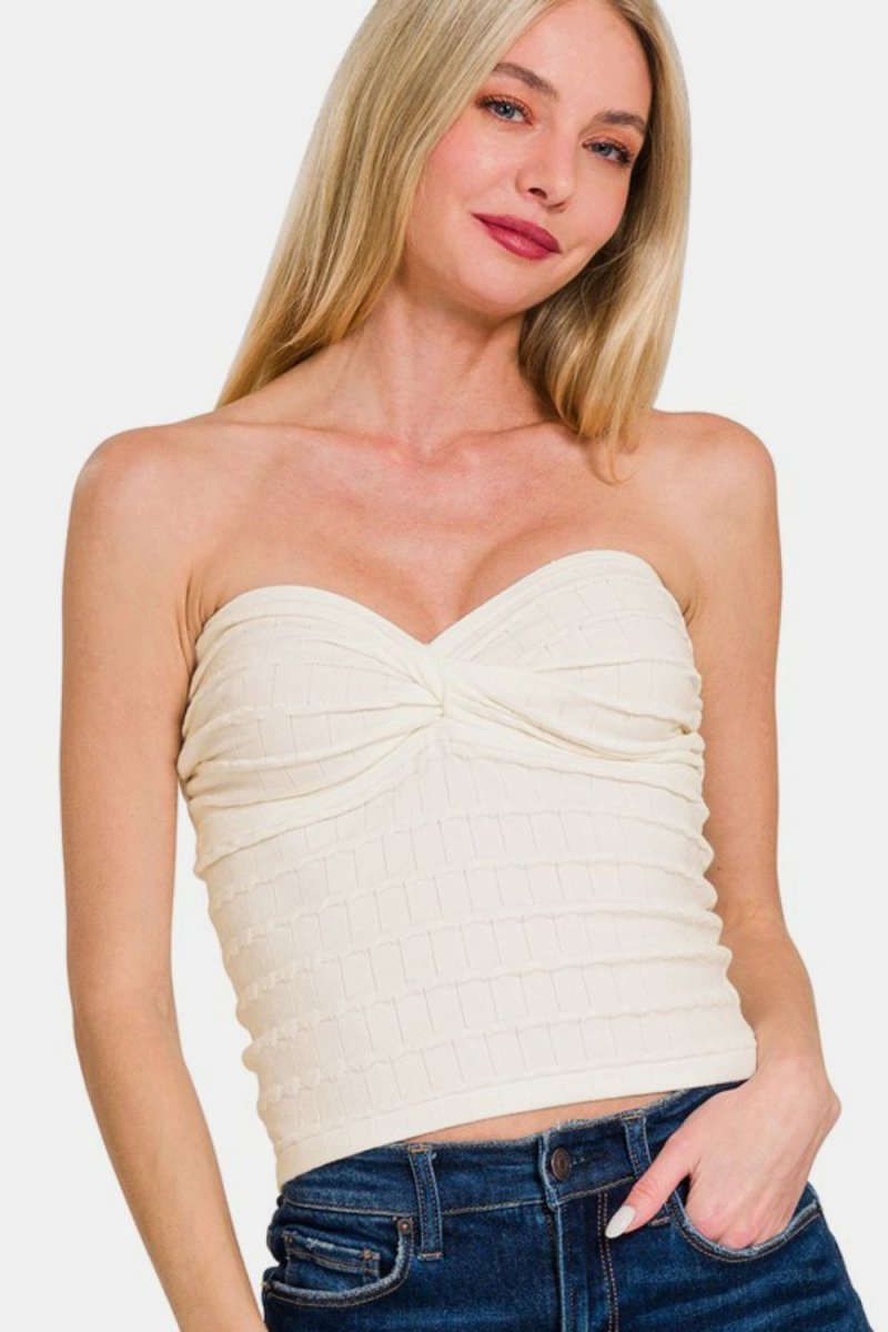 Zenana Ruched Twisted Sweetheart Neck Top for Women - Love Salve