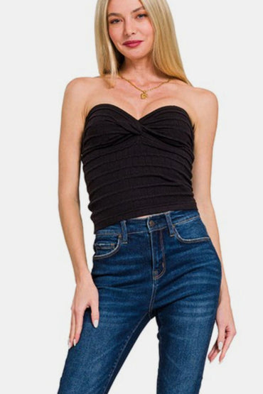 Zenana Ruched Twisted Sweetheart Neck Top for Women - Love Salve 