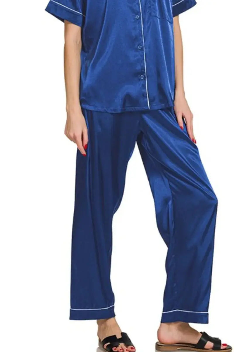 Zenana Satin Short Sleeve Top and Pants Pajama Set - Love Salve