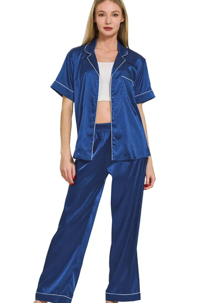 Zenana Satin Short Sleeve Top and Pants Pajama Set - Love Salve