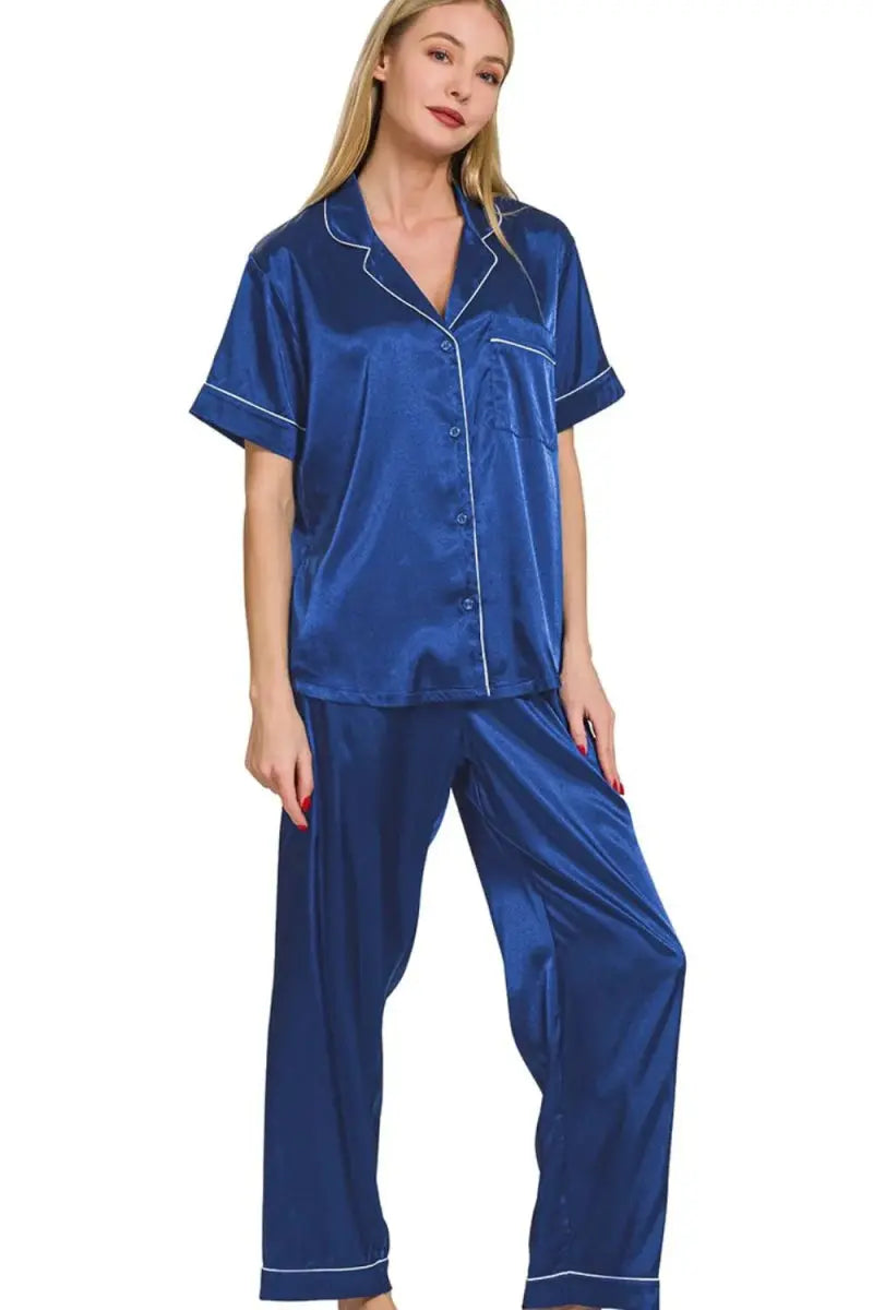 Zenana Satin Short Sleeve Top and Pants Pajama Set - Love Salve