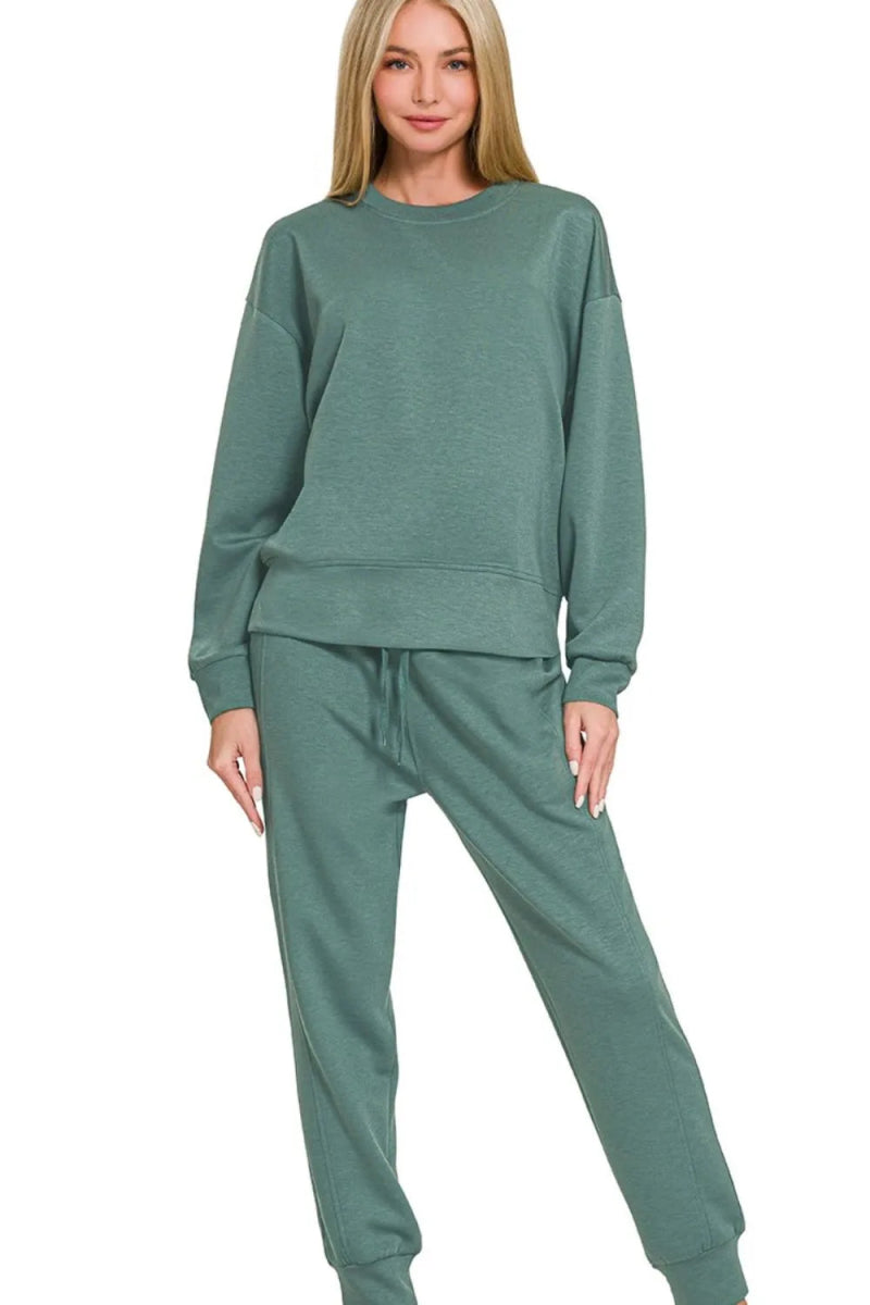 Zenana Scuba Crewneck Pullover & Joggers 2 Pieces Set - Love Salve