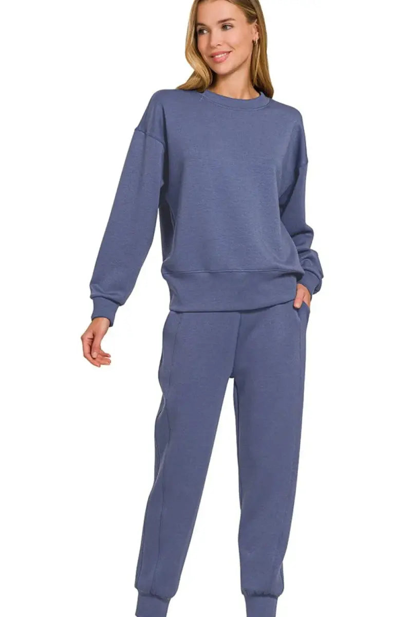 Zenana Scuba Crewneck Pullover & Joggers 2 Pieces Set - Love Salve