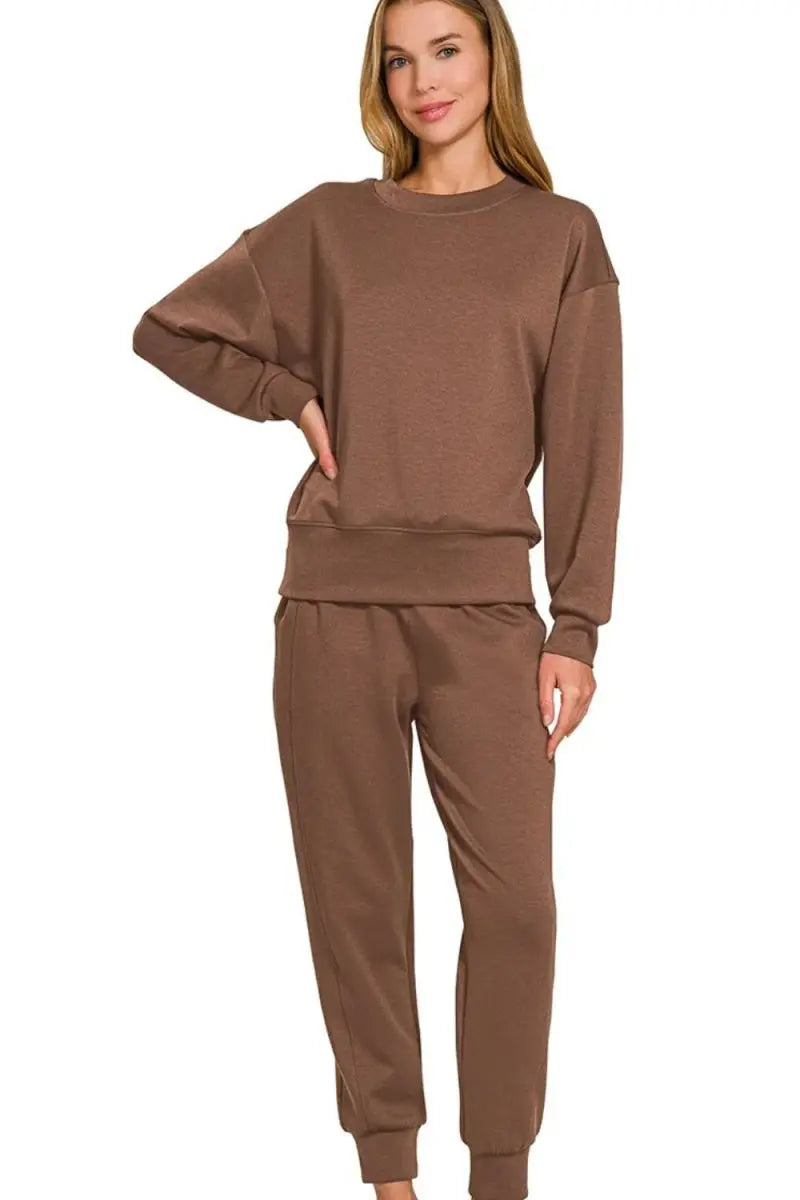 Zenana Scuba Crewneck Pullover & Joggers 2 Pieces Set - Love Salve