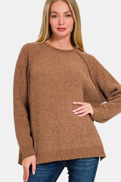 Zenana Side Slit Raglan Sleeve Sweater - Love Salve 