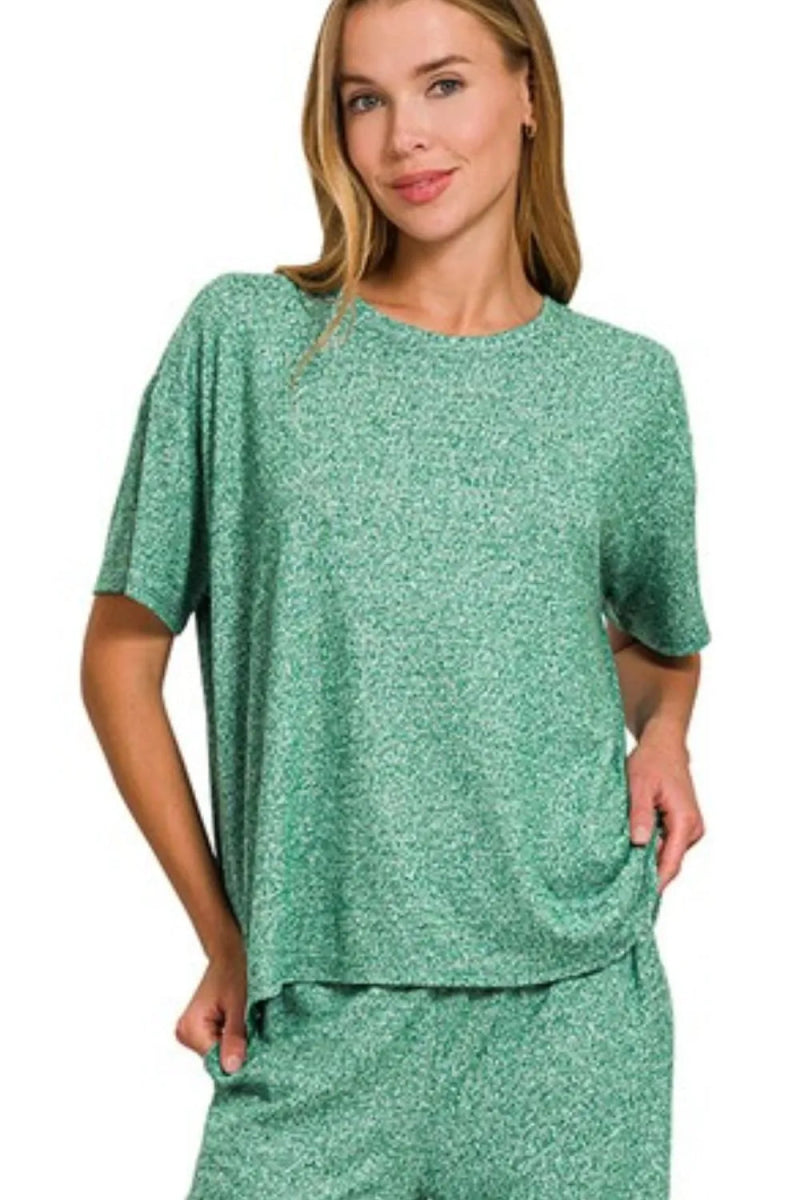 Zenana Soft Melange Short Sleeve Tee & Long Pants Set - Love Salve