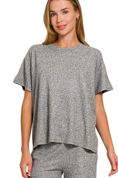 Zenana Soft Melange Short Sleeve Tee & Long Pants Set - Love Salve