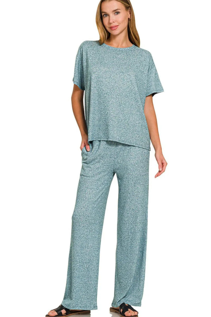 Zenana Soft Melange Short Sleeve Tee & Long Pants Set - Love Salve