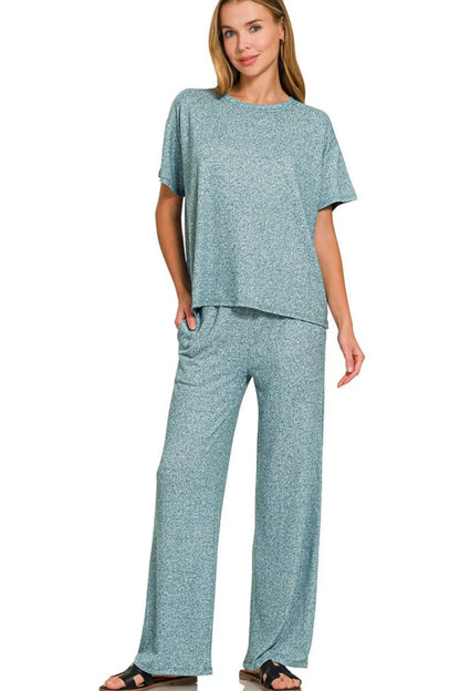 Zenana Soft Melange Short Sleeve Tee & Long Pants Set - Love Salve