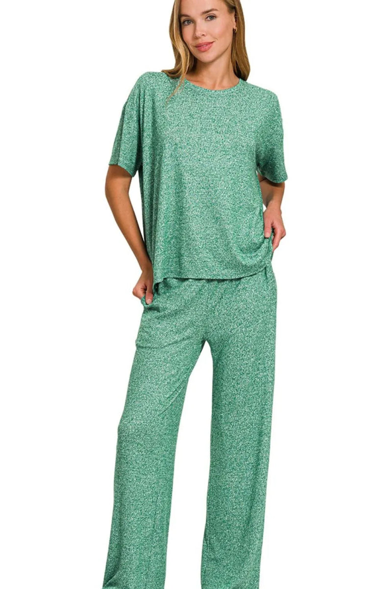 Zenana Soft Melange Short Sleeve Tee & Long Pants Set - Love Salve