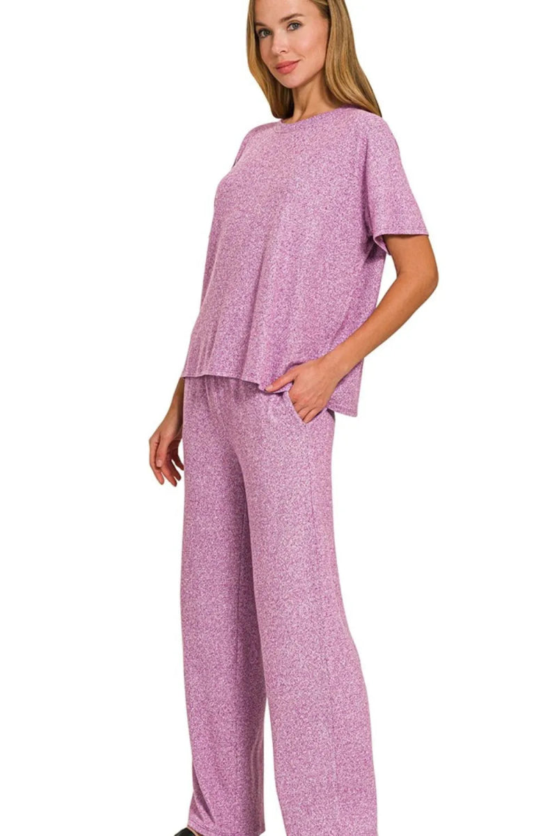 Zenana Soft Melange Short Sleeve Tee & Long Pants Set - Love Salve