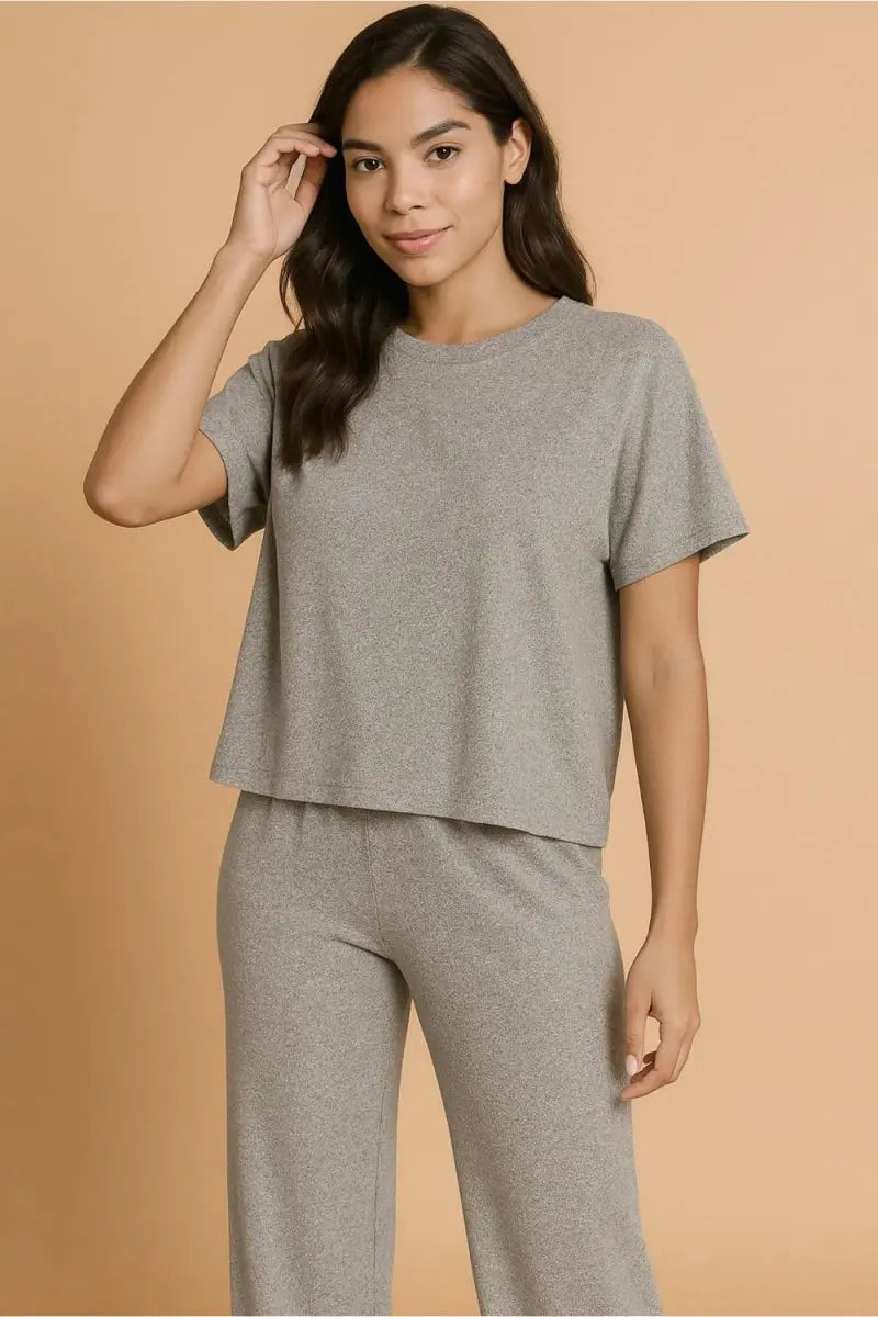 Zenana Soft Melange Short Sleeve Tee & Long Pants Set - Love Salve
