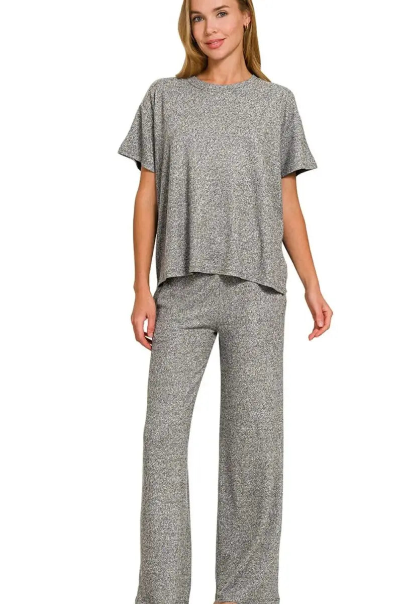 Zenana Soft Melange Short Sleeve Tee & Long Pants Set - Love Salve
