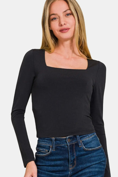 Zenana Square Neck Fitted Long Sleeve T-Shirt for Women - Love Salve