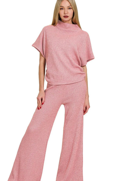 Zenana Sweater Mock Neck Top & Long Pants Set - Love Salve
