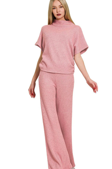 Zenana Sweater Mock Neck Top & Long Pants Set - Love Salve