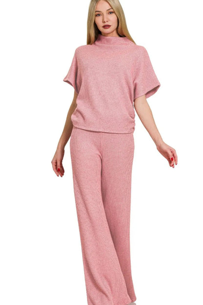 Zenana Sweater Mock Neck Top & Long Pants Set - Love Salve