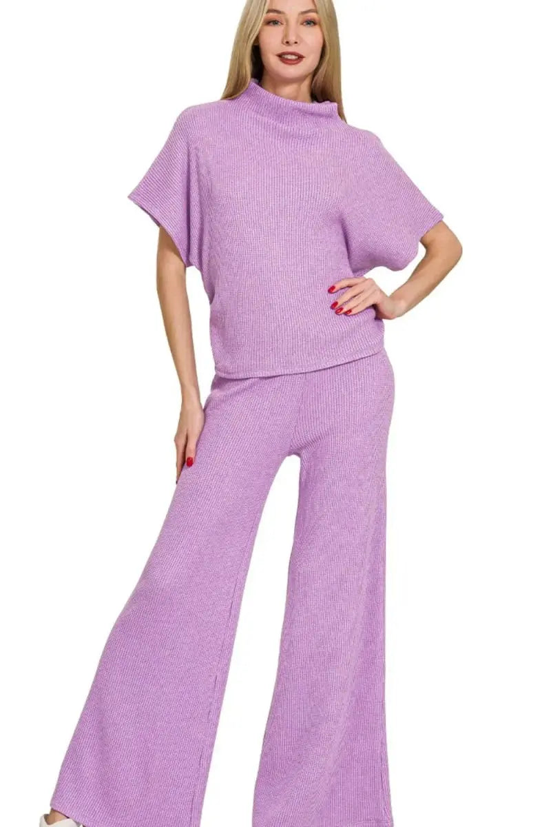 Zenana Sweater Mock Neck Top & Long Pants Set - Love Salve