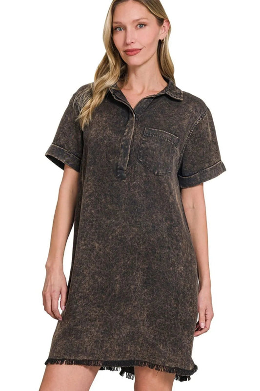 Zenana Tencel Mineral Washed Collared Shirt Dress for Women - Love Salve 
