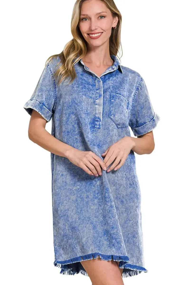 Zenana Tencel Mineral Washed Collared Shirt Dress For Women - Love Salve 