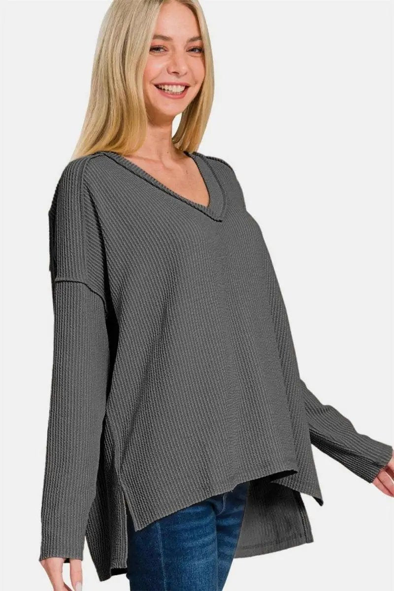 Zenana Texture Exposed Seam V-Neck Long Sleeve T-Shirt - Love Salve 
