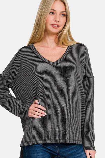 Zenana Texture Exposed Seam V-Neck Long Sleeve T-Shirt - Love Salve 