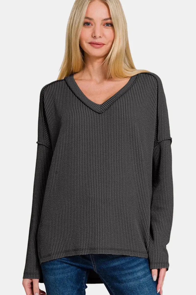 Zenana Texture Exposed Seam V-Neck Long Sleeve T-Shirt - Love Salve 