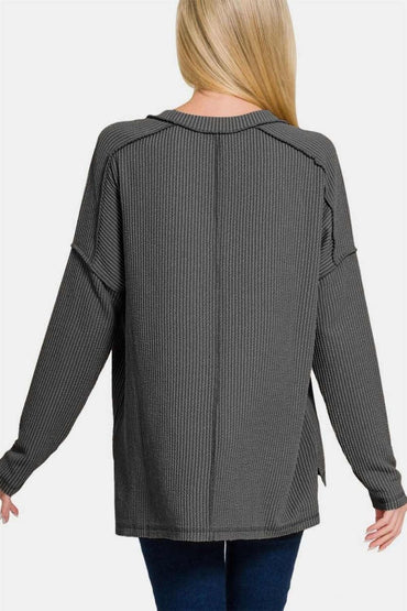 Zenana Texture Exposed Seam V-Neck Long Sleeve T-Shirt - Love Salve 