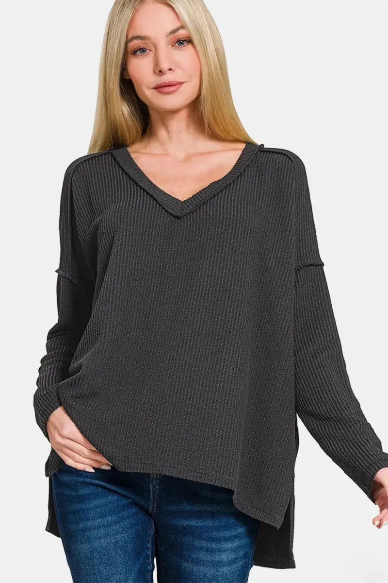 Zenana Texture Exposed Seam V-Neck Long Sleeve T-Shirt - Love Salve 