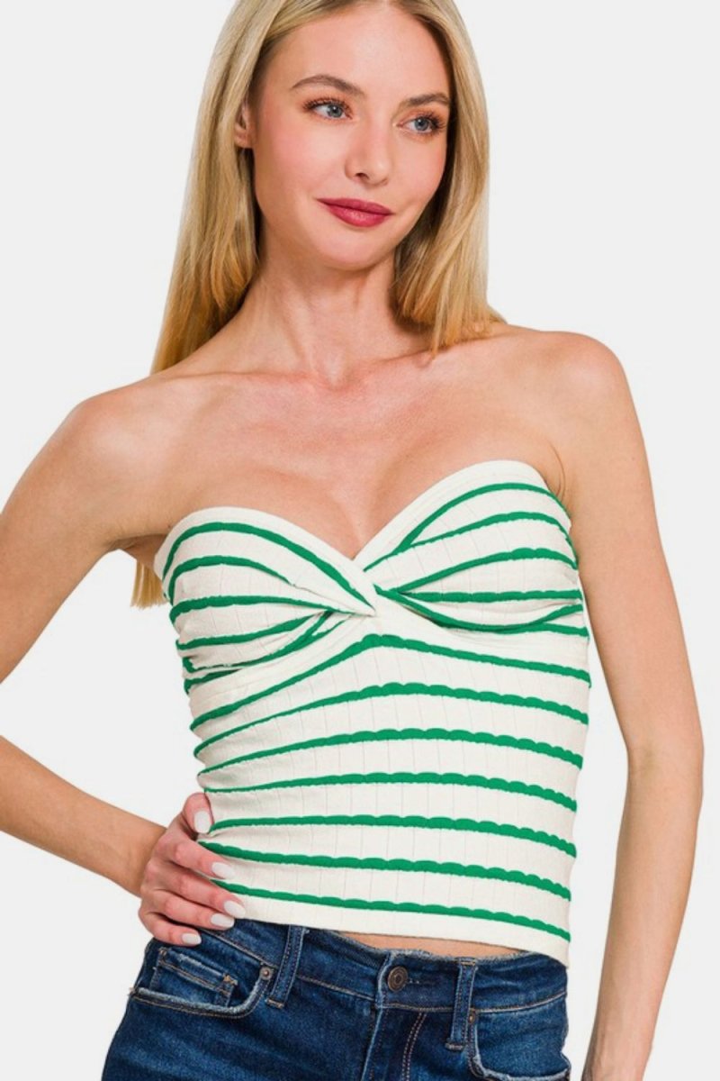 Zenana Twisted Sweetheart Neck Striped Tube Top Fashion - Love Salve 