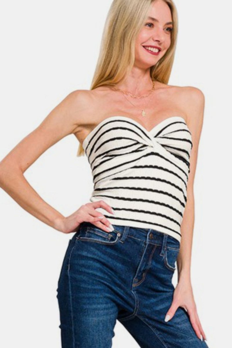 Zenana Twisted Sweetheart Neck Striped Tube Top For Women - Love Salve 