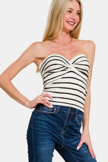 Zenana Twisted Sweetheart Neck Striped Tube Top For Women - Love Salve 