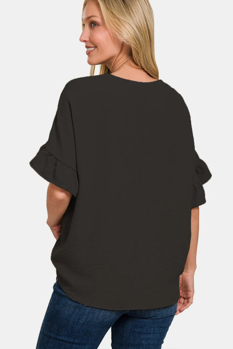 Zenana V-Neck Flutter Sleeve Top for Casual Elegance - Love Salve 