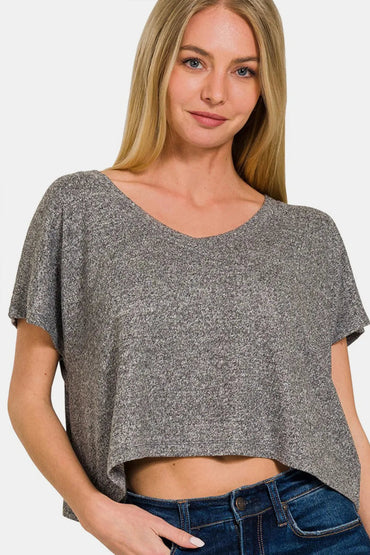Zenana V-Neck Short Sleeve Cropped T-Shirt for Women - Love Salve 