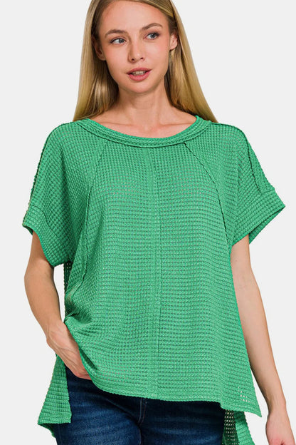 Zenana Waffle Exposed-Seam Short Sleeve T-Shirt for Women - Love Salve 