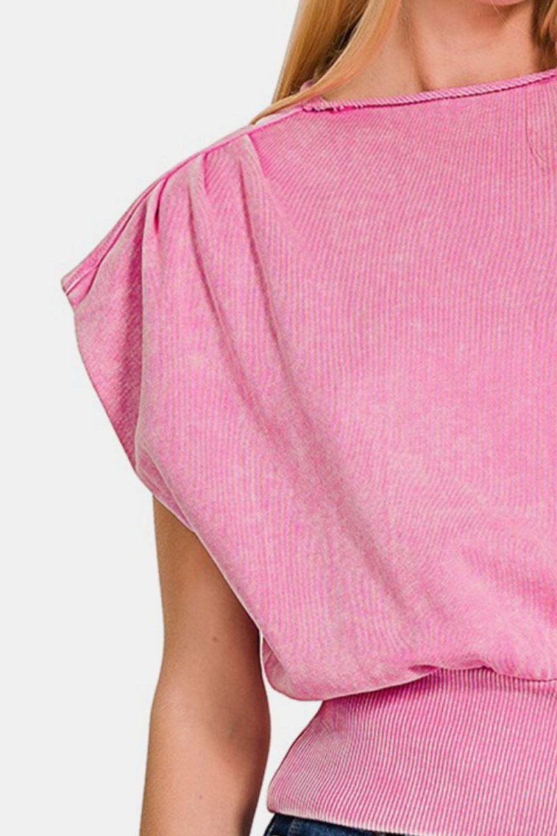 Zenana Washed Boat Neck Bottom Banded Dolman Sleeve Top - Love Salve 